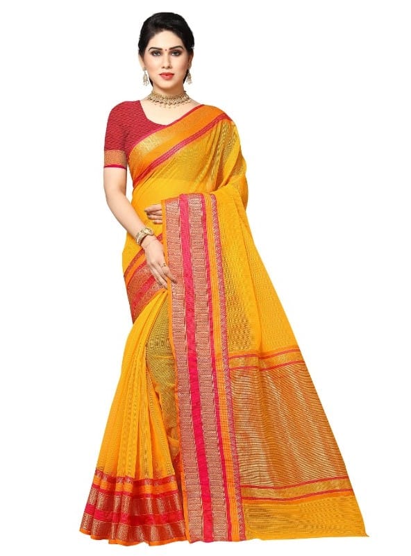 Generic Women's Kota Doria Cotton Border Saree With Blouse (Gold, 5-6  Mtr)