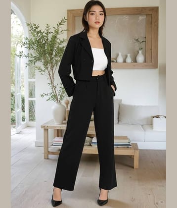 kotty Women Solid Blazer With Trousers Co-Ord Set ( Black )