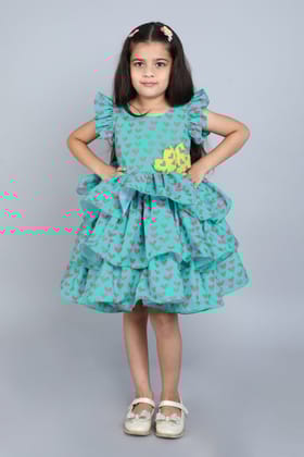 Heart Layered Cotton Dress -Teal-1-2Y / Teal
