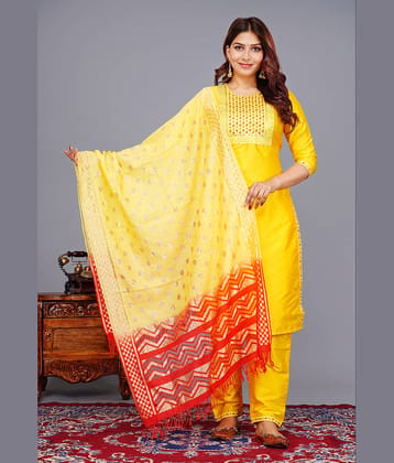 EXPORTHOUSE Silk Blend Embroidered Kurti With Pants Women's Stitched Salwar Suit - Yellow ( Pack of 1 )