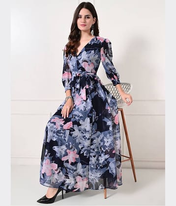 ZWERLON Women Georgette Printed Fit & Flare Dress ( Blue )