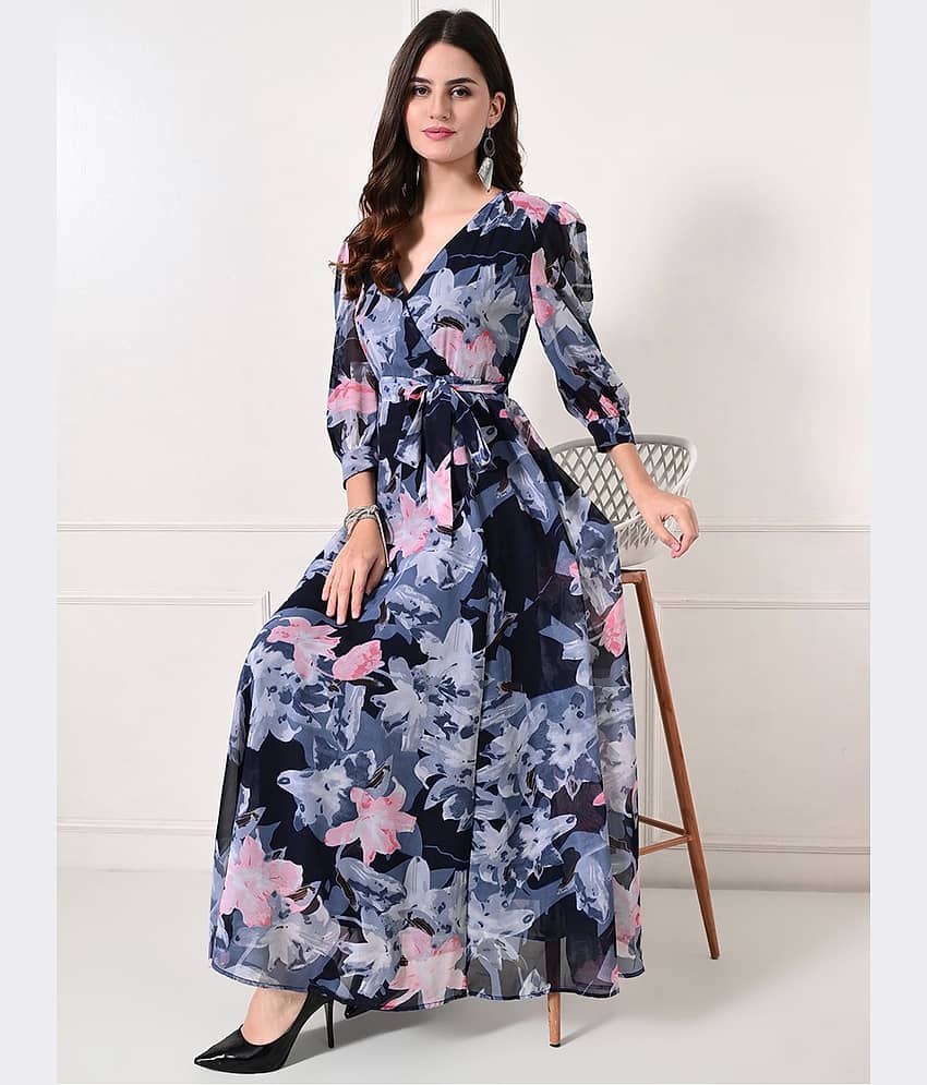 ZWERLON Women Georgette Printed Fit & Flare Dress ( Blue )