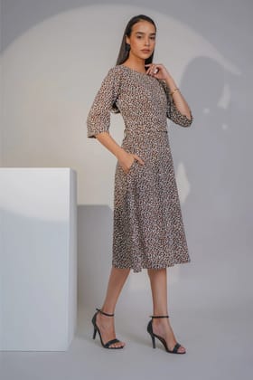 Graceful Drapes Midi Dress, Leopard Print-XS