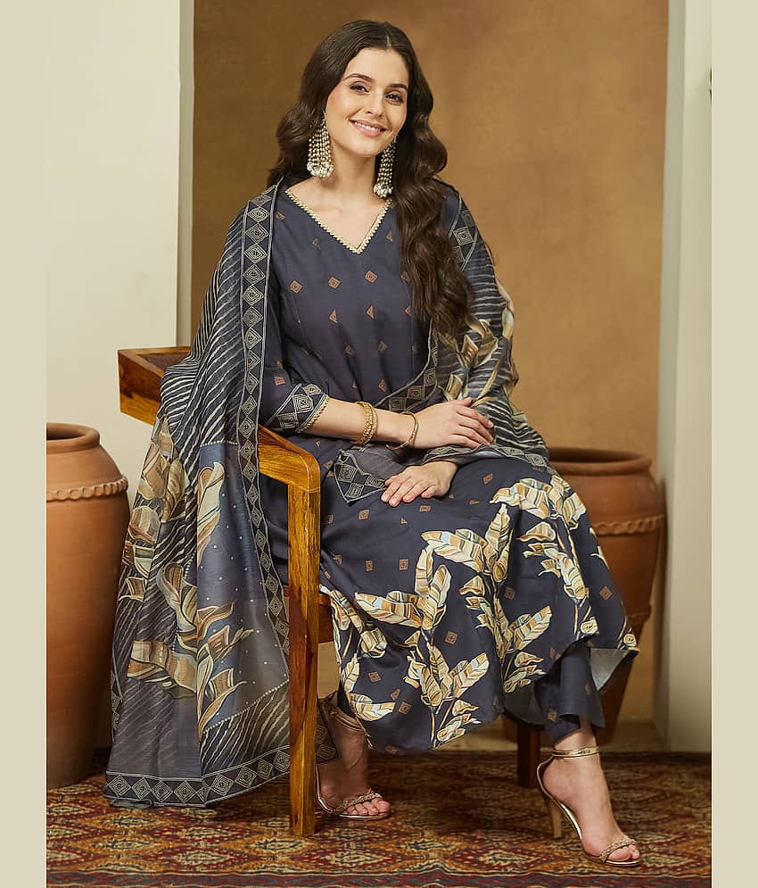Janasya Women Cotton Blend Embellished A-line Kurti With Pants ( Black )