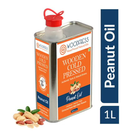 WOODFRESS Pure Wood Pressed Groundnut Oil 1 Litre, Cold Pressed Groundnut Oil, Lakdi Ghani Peanut Oil, Metal Tin 1L