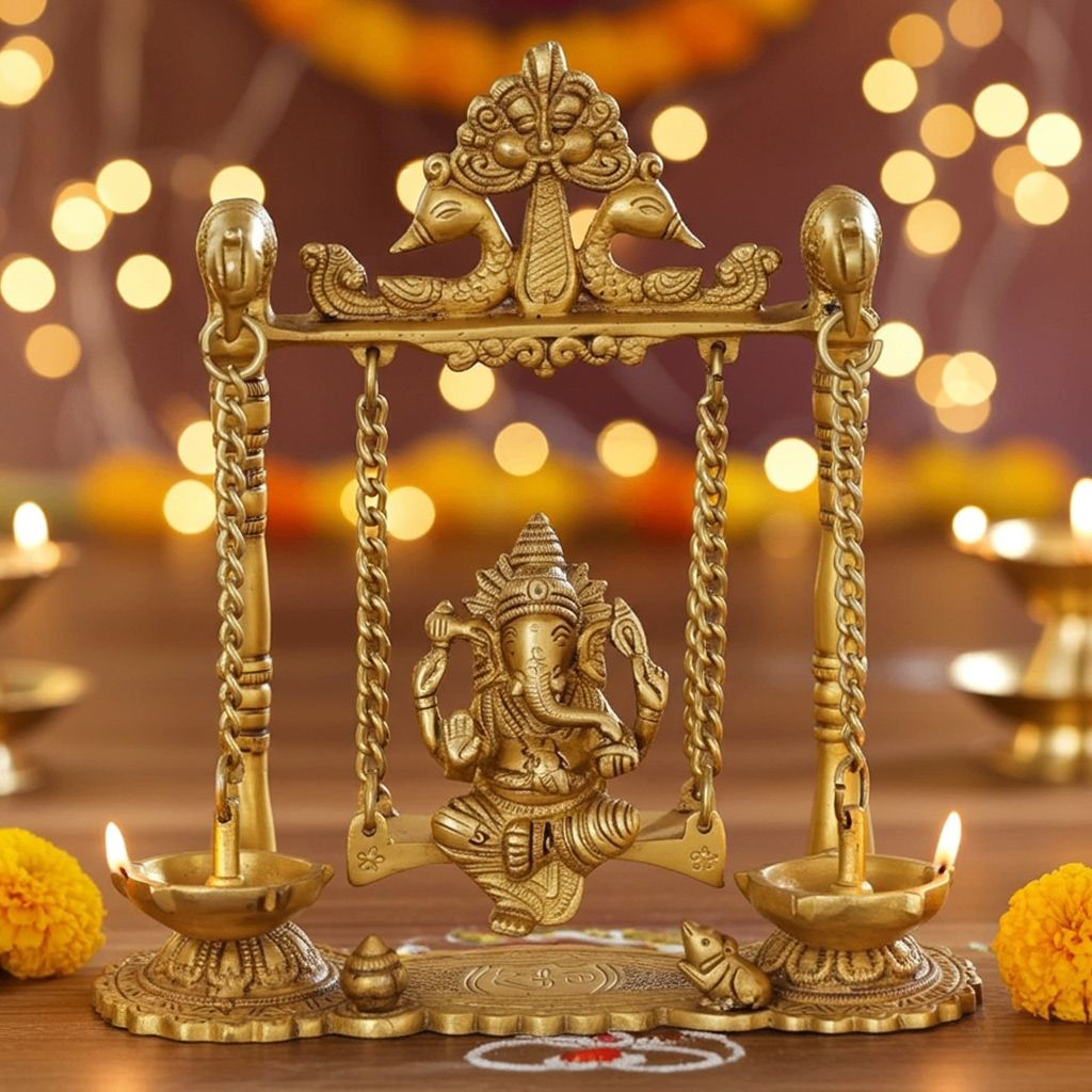 Brass Ganesh Jhula With Parrot And Deepak (BSMAS1068 A)