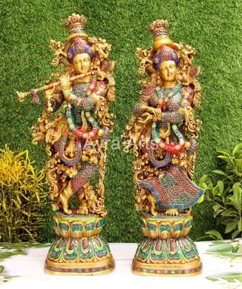 Beautiful Radha Krishna Brass idols with Double Stonework - 30 Inch Height
