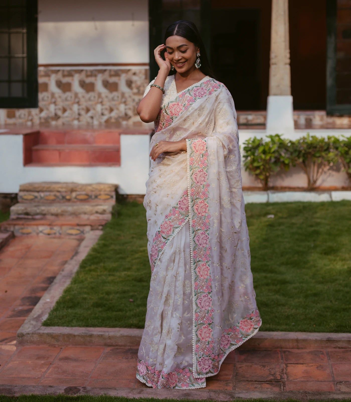 Cream Woven Organza Silk Saree With Embroidered Floral Motifs-Cream