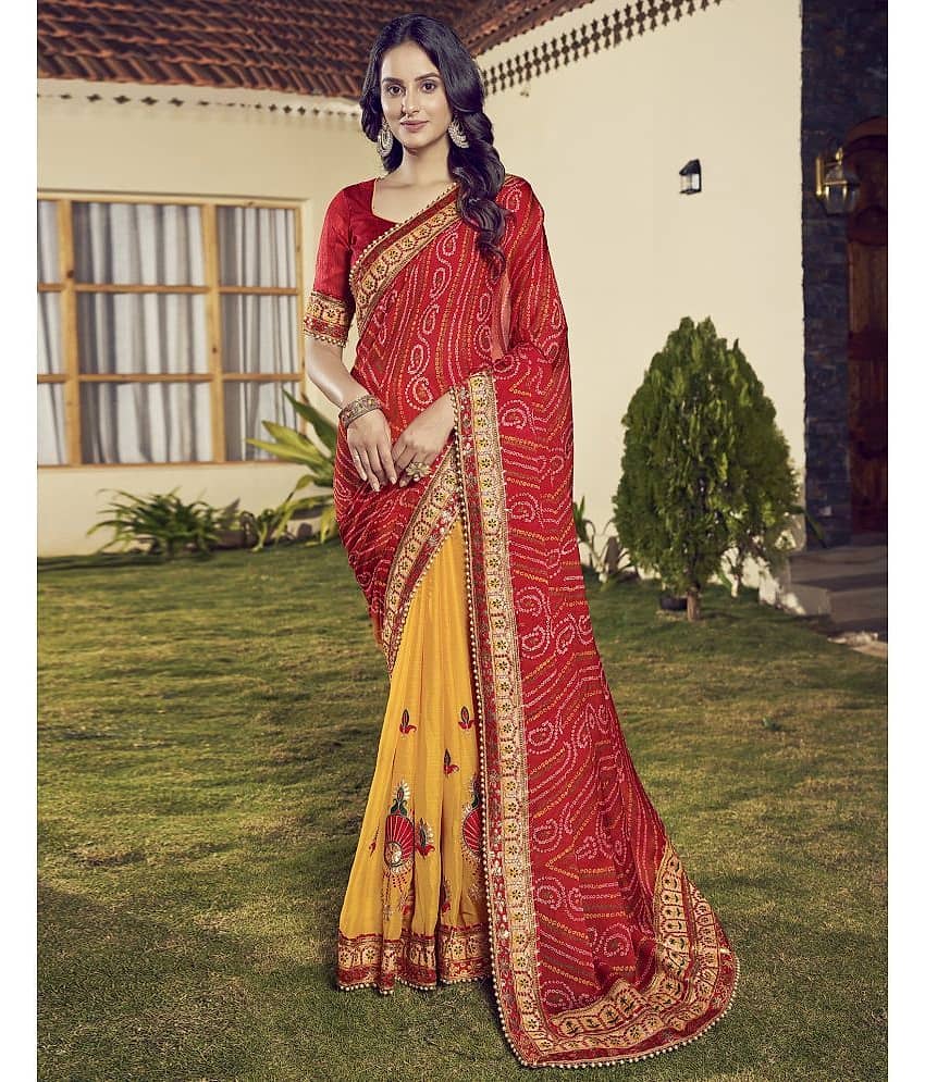 Samah Chiffon Printed Saree With Unstitched Blouse Piece ( Orange )