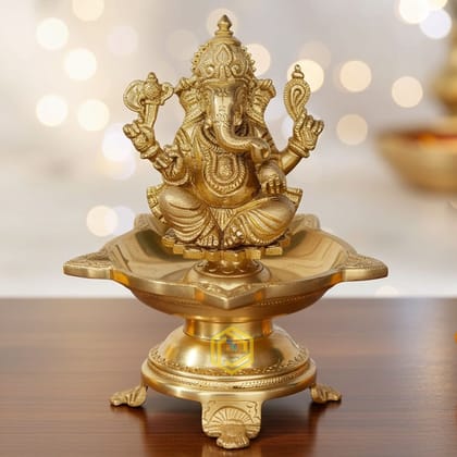 Brass Table Decor Ganesha Oil Lamp Deepak 6 Wicks  - Auspicious Diya for Worship & Gifts, Height : 8 Inch (BSMAS1177 A)