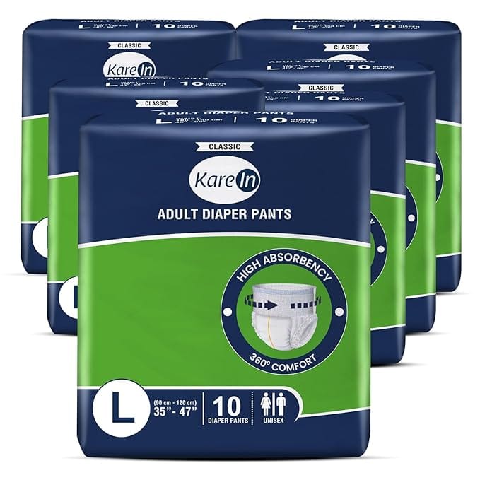 KareIn Classic Adult Diaper Pants, Large 90-120 Cm (35"- 47"), 60 Count, Unisex, Leakproof, Elastic Waist, Wetness Indicator