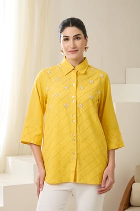 SUNDANCE SEQUINED LINEN SHIRT-Yellow / COTTON LINEN / XXS