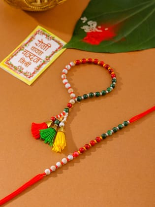 NVR Multicolor Artificial Beads Set of 2 Bhaiya Bhabhi Rakhi with Roli Chawal Chandan & Mishri-One Size / Multicolor