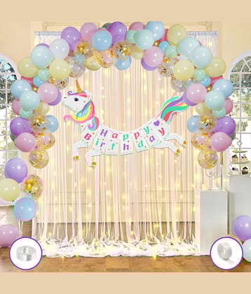 Zyozi Unicorn Theme Birthday Decorations | Canopy Tent Birthday Decorations Items | Unicorn Birthday Decorations Kit - Banner, Pastel Balloons, Confetti Balloons, Rice Light (Pack Of 37)