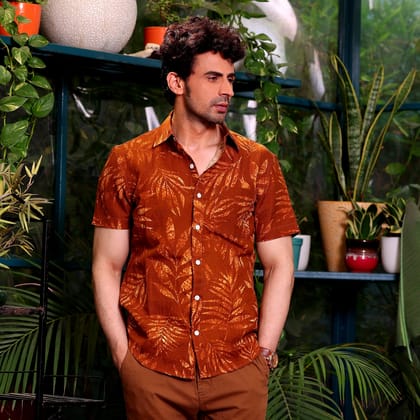 Tropical Leaves Brown Base Casual Pure Linen Half Shirt (Size - S) by BLUE EAGLE