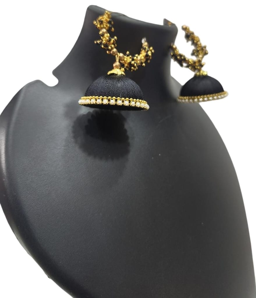 Black Silk Thread Jhumka Earrings with Pearl and Stone Detailing