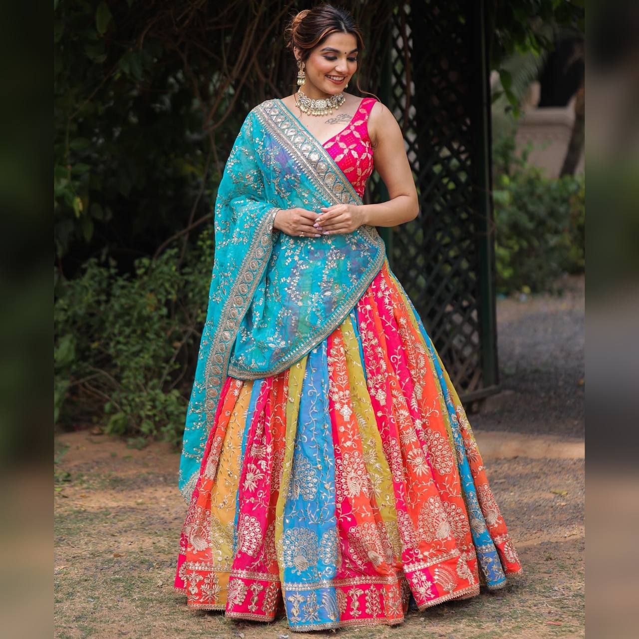 Multi Colour Digital Print Embroidered Attractive Party Wear Silk Lehenga choli SD 1072