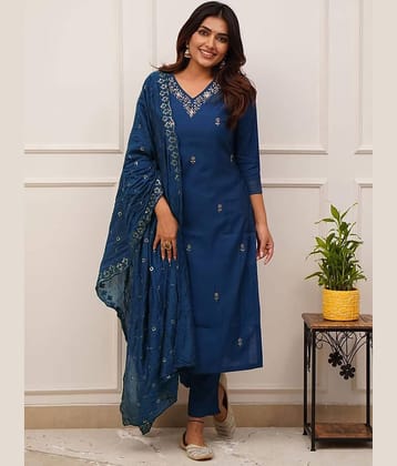 kedar fab Women Cotton Blend Embroidered Straight Kurti With Pants ( Navy Blue )