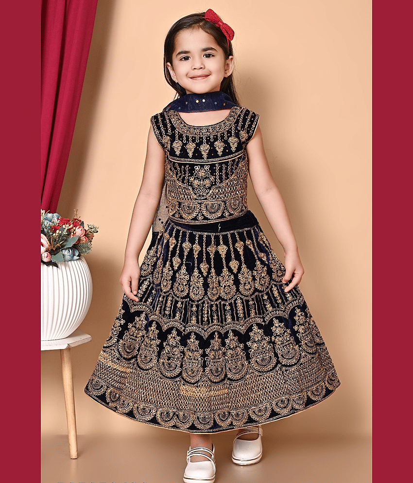 DS DRESSES Velvet Lehenga Choli Set For Girls ( Pack of 1 , Blue )