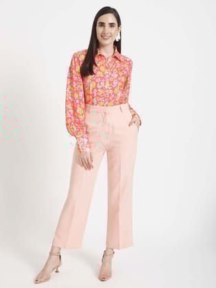 Luxury  Satin Digital Print Puff Sleeve Shirt With Blush Pink Flared Fit Trouser-M / 28
