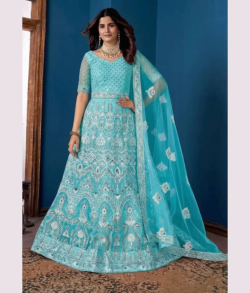 KV Fashion Women's Net Semi Stitched Flared Ethnic Gown With Dupatta