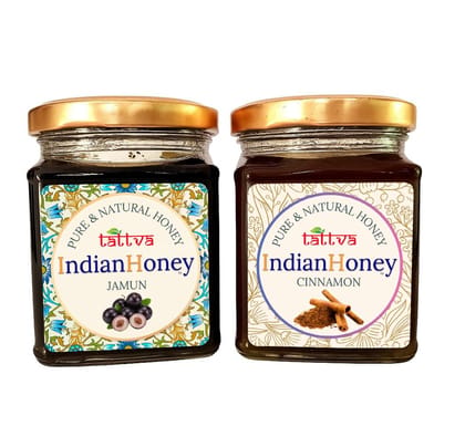 IndianHoney Diabetics-Friendly Jamun Honey & Metabolic & Warming Cinnamon Infused Honey Combo Pack (230gm & 230gm) J
