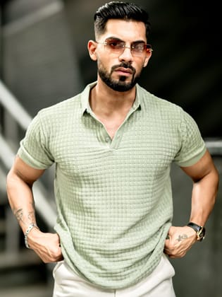 Checked Knit Berly Green Half Sleeve T-Shirt-S / Berly Green