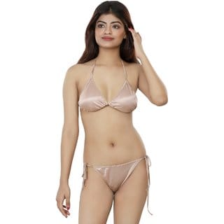 Nivcy Women Satin Without Padded Lingerie Set Beige