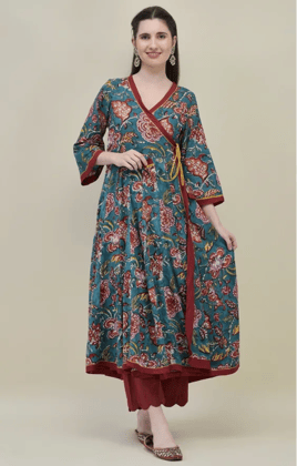 Teal Cotton Angrakha Suit Set with Traditional Hand Block Prints
