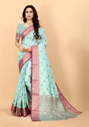Yavira silk Women's Blue Handwoven Silk Blend Saree