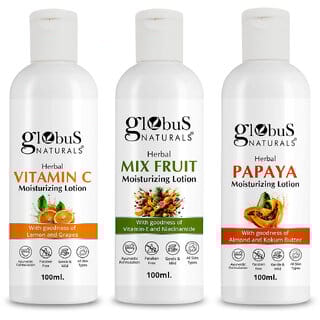 Globus Naturals Body Lotion Combo Set of 3 Vitamin C  Mix Fruit Papaya Body Lotion For NonGreasy Lightweight Body Moisturizer for Women  Men  All Skin Types