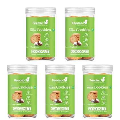 Feedsco Coconut Millet Cookies (75g x 5 Packs) - Tasty & Healthy Snack with Natural Sweetness - Best Healthy Cookies for Kids & Adults