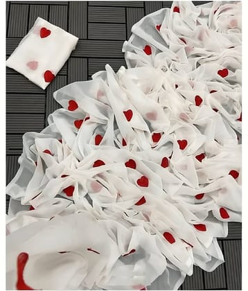 Apnisha Georgette Embroidered Saree With Unstitched Blouse Piece ( White )