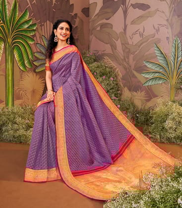 Lavender & Magenta Reversible Handloom Silk Saree With Chevron Stripes-Lavander