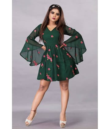 Apnisha Women Georgette Printed Fit & Flare Dress ( Green )