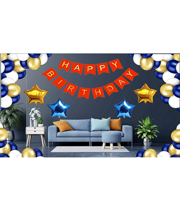Jolly Party  Happy Birthday Decoration Items  Red HBD Banner+ 30 HD Metallic Royal Blue , Gold & White Balloons Decoration +  (2 Gold Star & 2 Royal Blue) Star