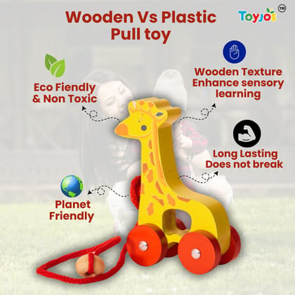TOYJOS Wooden Pull Along Giraffe Toy for Kids Toddler | Non-Toxic Child-Safe Paints | Early Learning Walking Balance Coordination Skill Development Baby Toys with Pull String Moving Wheels (12 months)