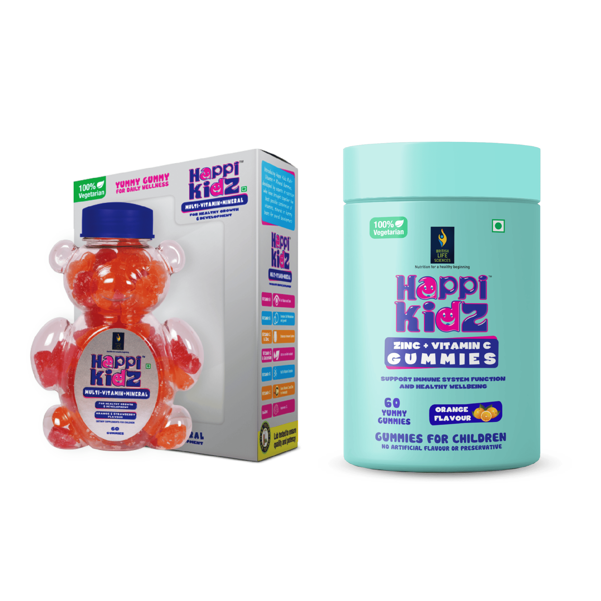 British Life Sciences Happi Kidz Multivitamin Gummies + Minerals & Happi Kidz Zinc+Vitamin C Gummies Combo | Natural, Strong Bones, Muscles and Teeth, Boosts Immunity