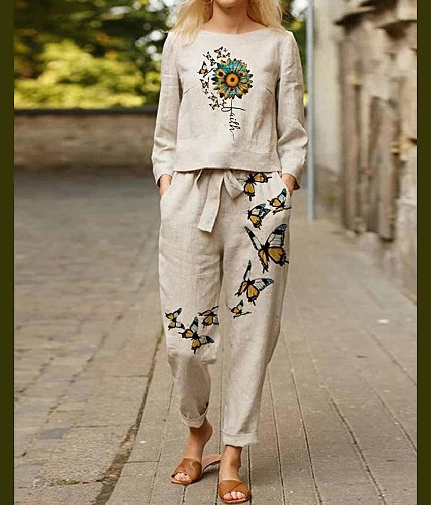 Sidhidata Women Printed Top With Trousers Co-Ord Set ( Cream )
