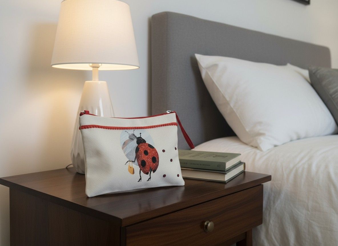 Ivvory Artisan Ladybird Utility Pouch (25cm x 18cm) | Hand Embroidered Canvas Zipper Bag | Cute Travel Organizer