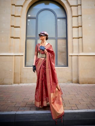 Maroon Pure Organza Handwoven Weaving Saree