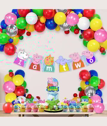 Zyozi Peppa Pig 2nd Birthday Party Decorations Combo Include Happy Birthday Banner,Pepaa Pig Cake Topper, Multicolor Balloons, Cupcake Toppers, Pig Party Supplies for Kids (Pack of 37)