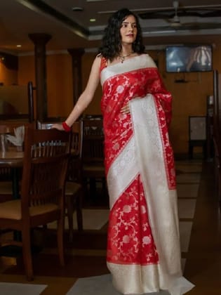 Red Semi Silk Saree with Zari Weaving Work