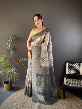 Light Grey Soft Silk Floral Motifs Zari Weaving Work Banarasi Saree
