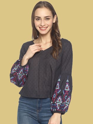 Grey Crop Top With Embroidered Sleeves-XL