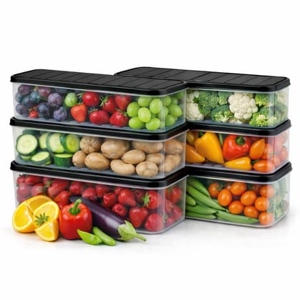 Fridge Storage Containers Pack of 6 with Lid and Drainer Basket, Transparent Plastic Refrigerator Organizer Boxes for Vegetables, Fruits and Kitchen Storage, Stackable Food Storage Containers