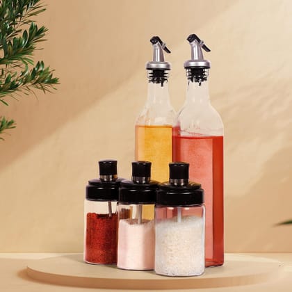 Transparent Glass&nbsp;Oil Dispenser 500 ML Bottle Set of 2, Spice Jar 250 ML Set of 3, Oil Bottle for Kitchen, Oil & Vinegar Storage Glass Bottle, Glass Container for Spice, Masala (5 Pcs Set)