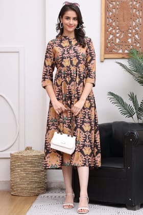Peach Color Abstract Printed Premium Chanderi Ethnic Dress-S