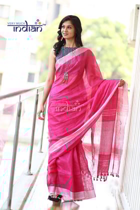 Pure Organic Linen Saree - Bright Pink (Hand-Dyed)