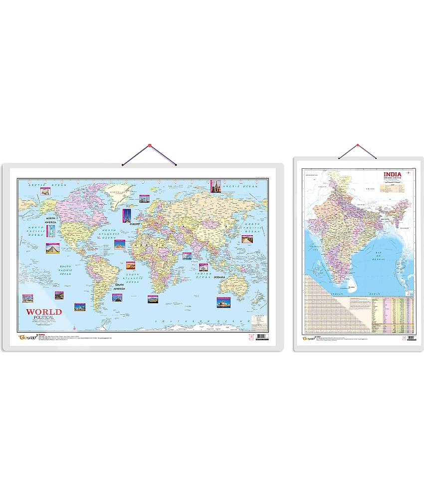 Set of 2 Indian Road Guide & Political and World Political Map Educational Charts | 20"X30" inch |Non-Tearable and Waterproof | Double Sided Laminated |Useful For Preparation Of SSC, UPSC, RRB, IES, and other exams